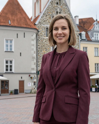 Estonian woman Piret in professional attire near Tallinn Old Town medieval architecture