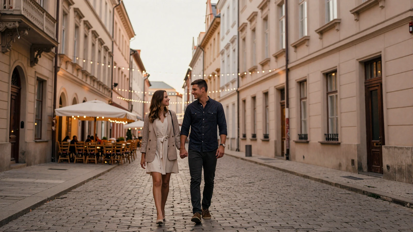 Romantic couple walking hand in hand on a cobblestone European street at golden hour