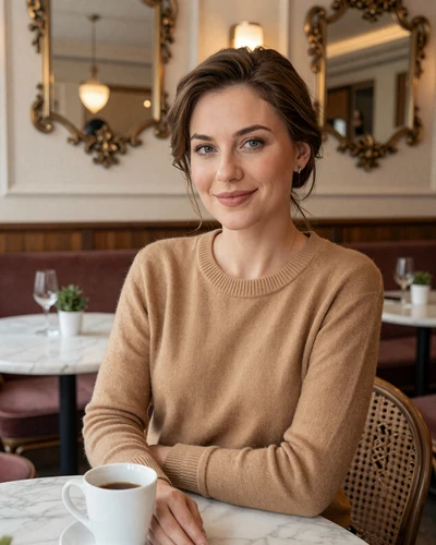 Austrian woman Katharina sitting elegantly in a classic Viennese coffee house