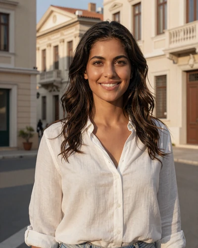 Greek woman Eleni smiling on a sunlit street in Athens near the Acropolis