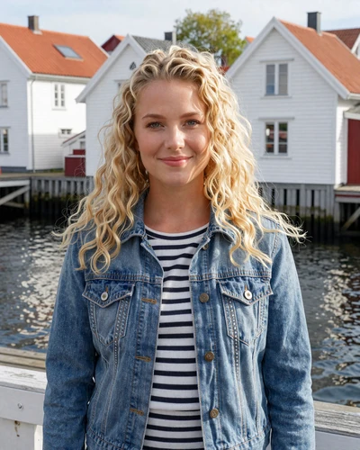 Norwegian woman Thea at the Kristiansand waterfront with white wooden houses behind