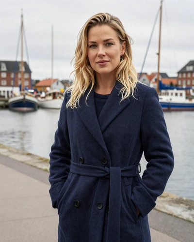 Danish woman Astrid near Aarhus harbor with sailboats in the background
