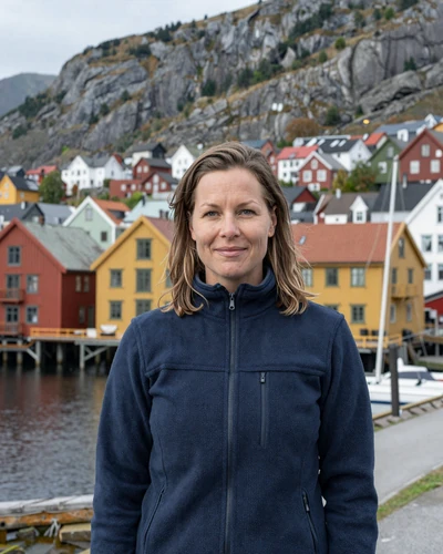 Norwegian woman Maren at Bergen harbor with colorful wooden houses and mountains