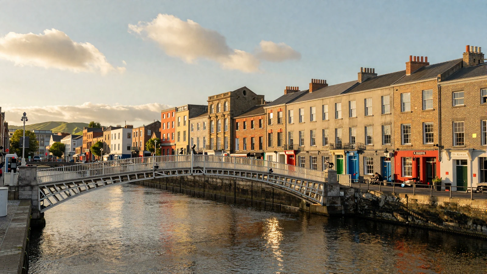 Scenic view of Dublin Ireland with Ha'penny Bridge over River Liffey at golden hour for Irish women dating