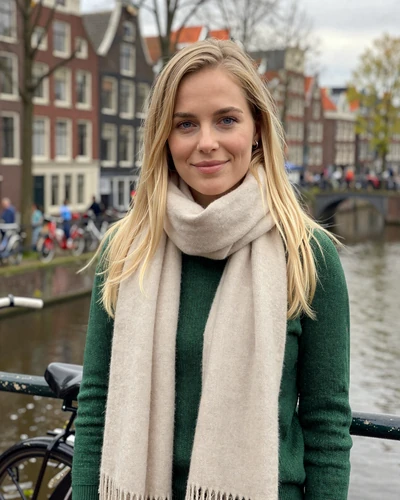 Dutch woman Danique smiling beside an Amsterdam canal with bicycles in background