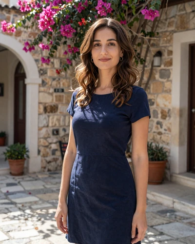 Cypriot woman Ioanna in a charming stone courtyard in Famagusta Cyprus with bougainvillea