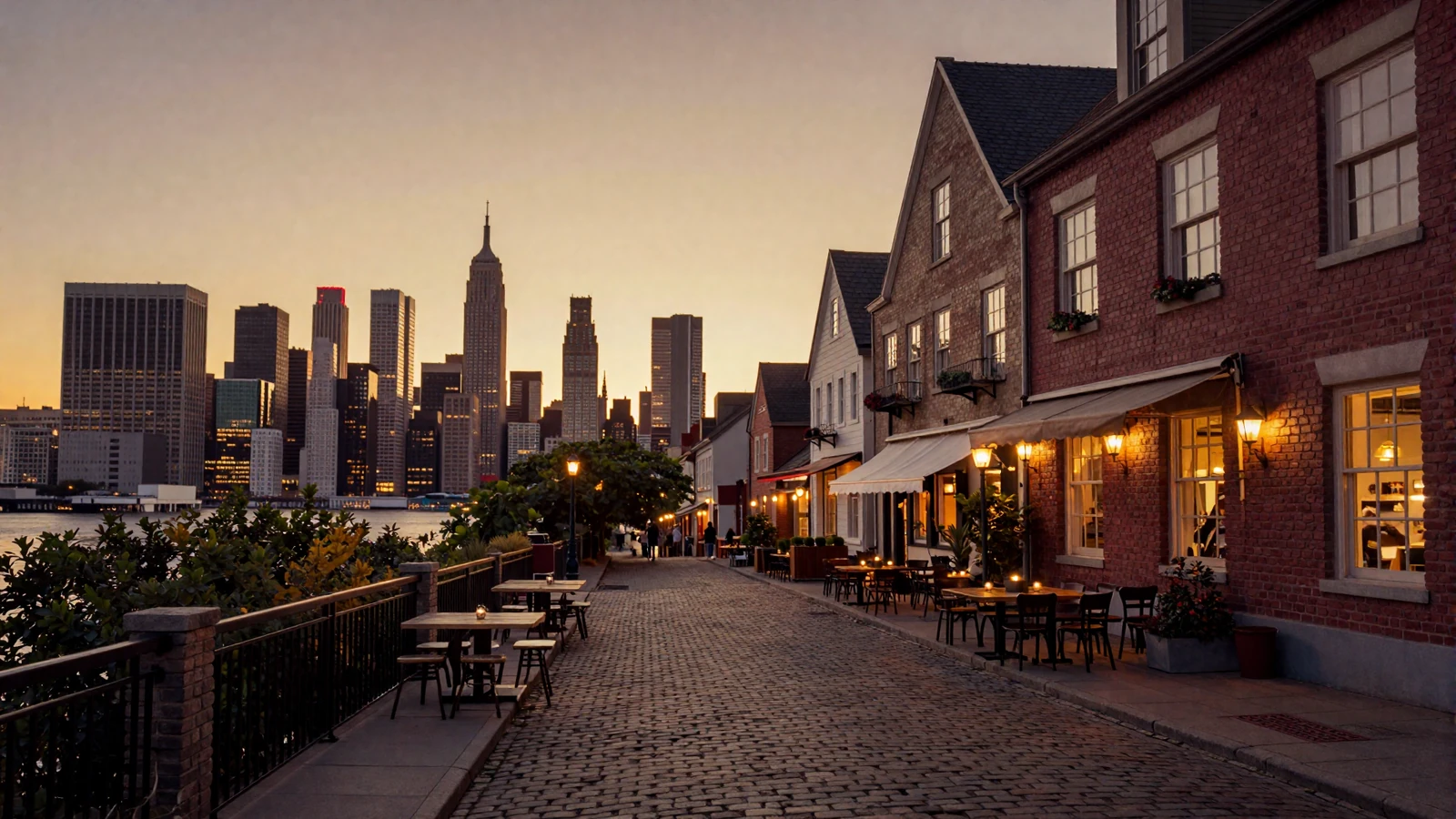 Split view of American cityscape and European cobblestone street symbolizing transatlantic long-distance love