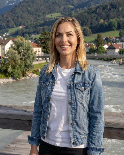 Austrian woman Marlene on a bridge over the Drava River in Villach with Alpine hills