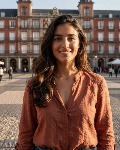 Spanish woman Lucia smiling at a sunny plaza in Madrid with historic architecture behind