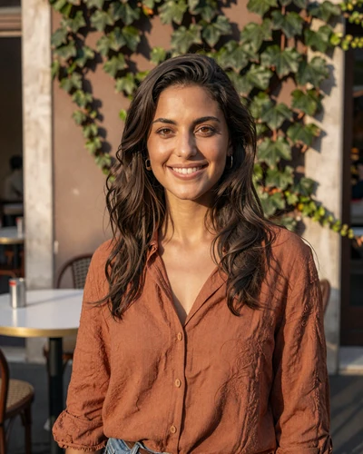 Italian woman Giulia smiling at a charming outdoor cafe in Trastevere Rome