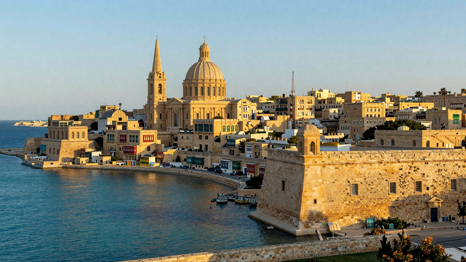 Valletta Malta Grand Harbour with honey-colored limestone buildings and blue Mediterranean sea at golden hour for Maltese women dating