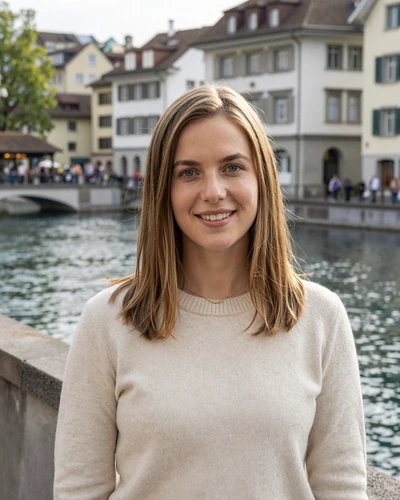 Swiss woman Lara smiling on a Zurich old town street near the Limmat river