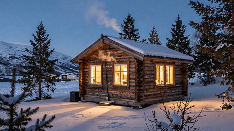 Cozy Norwegian hytte cabin in snowy mountains with warm light glowing from windows perfect for romantic getaway