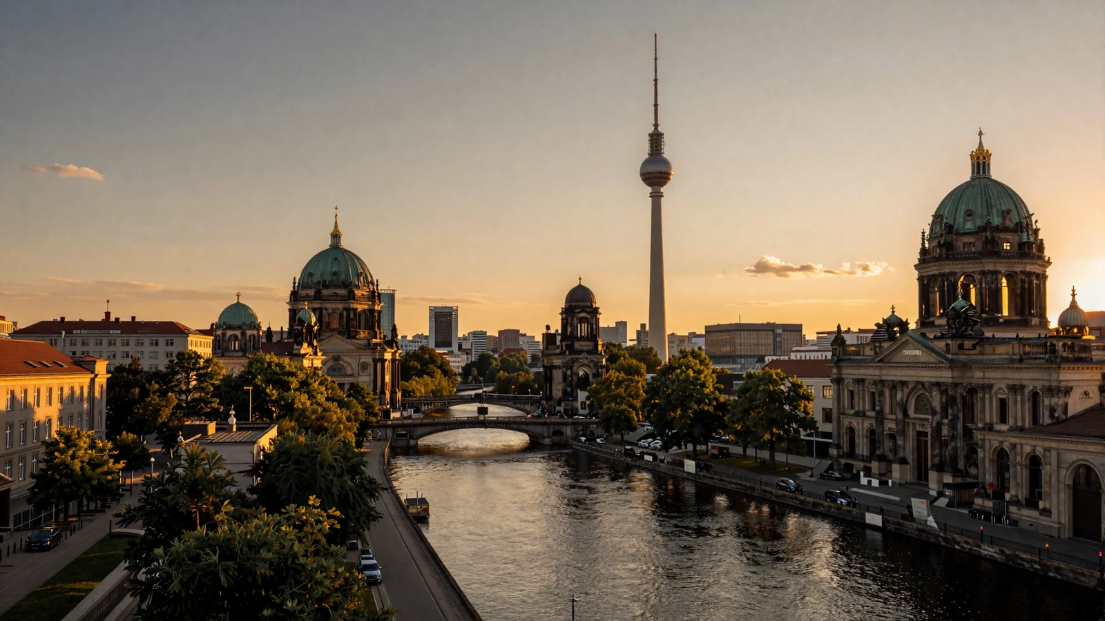 Berlin skyline at golden hour with the Fernsehturm and Spree river for German women dating