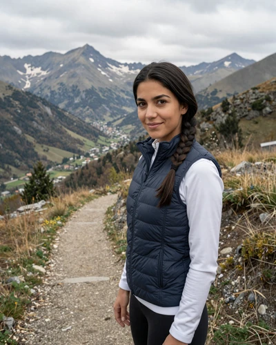 Andorran woman Nuria on a Pyrenean mountain trail near Encamp with valley views