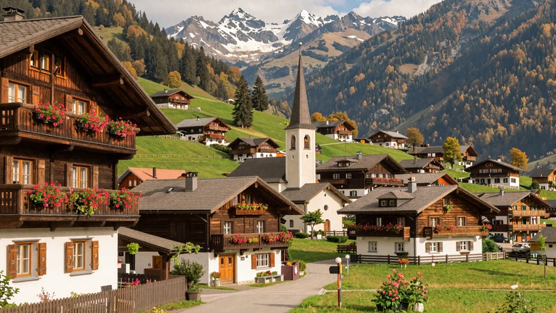 Charming Alpine village in Liechtenstein with traditional chalets and mountain meadows ideal for romantic dating