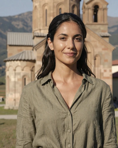 Andorran woman Judit near a Romanesque stone church in Andorra la Vella