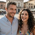 Michael and Giulia laughing together in a sunlit Italian piazza