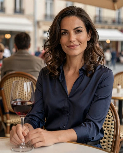 French woman Marie enjoying wine at an outdoor Lyon brasserie terrace