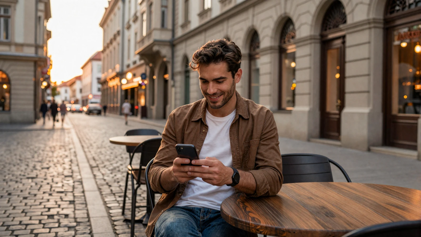 American man browsing European dating apps at a cafe in a charming European city