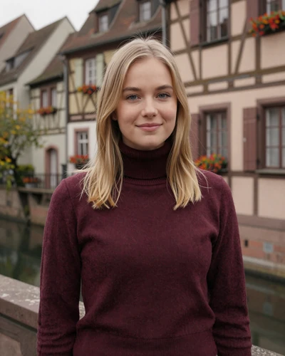 French woman Anaïs near half-timbered houses in Strasbourg Petite France