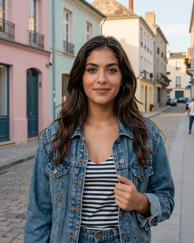 French woman Camille on a cobblestone street in Lyon at golden hour