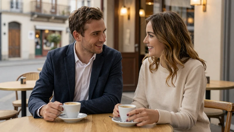 American man and European woman enjoying coffee conversation at a cozy European cafe