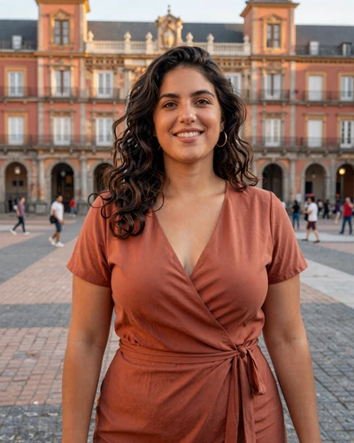 Spanish woman Lucia smiling in a sunny Madrid plaza with ornate architecture