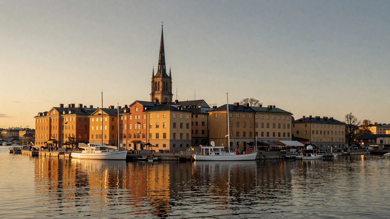Stockholm archipelago waterfront at golden hour with Gamla Stan buildings for Swedish women dating