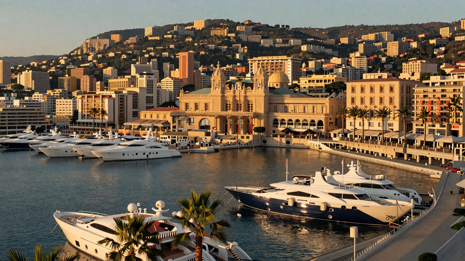 Monte-Carlo harbor panorama at golden hour with luxury yachts and Mediterranean coastline for Monacan women dating