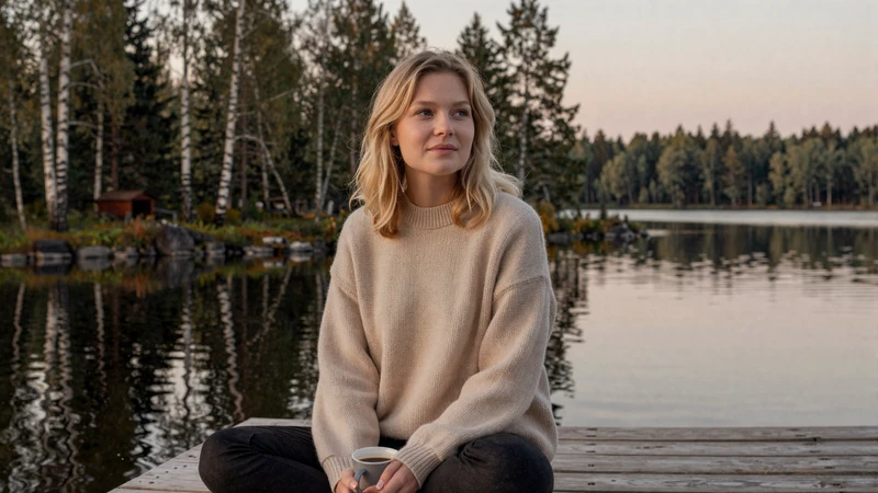 Finnish woman sitting on a lakeside dock at dusk enjoying coffee in serene Nordic nature