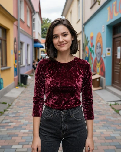 Lithuanian woman Karolina near colorful street art murals in a Lithuanian city