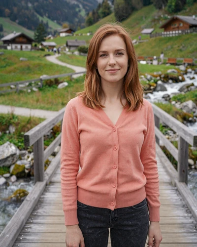 Liechtenstein woman Miriam on a wooden bridge in Triesen with Alpine greenery