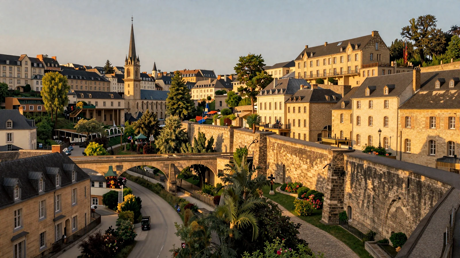 Panoramic view of Luxembourg City with Pont Adolphe bridge at golden hour for Luxembourg women dating