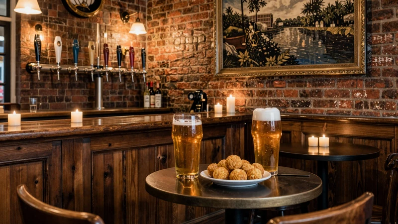 Cozy Dutch brown cafe with bitterballen and craft beer representing gezellig dating culture