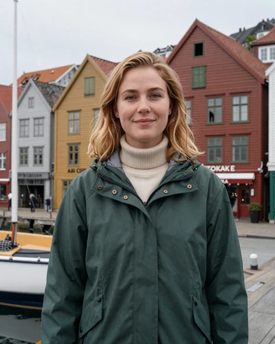 Norwegian woman Solveig at the colorful Bryggen wharf in Bergen Norway