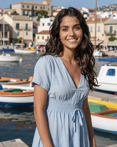 French woman Léa near the colorful harbor of Marseille Vieux-Port