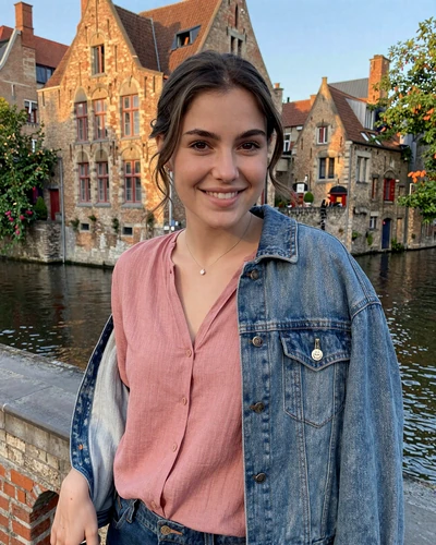 Belgian woman Nathalie on a cobblestone bridge in the charming city of Bruges