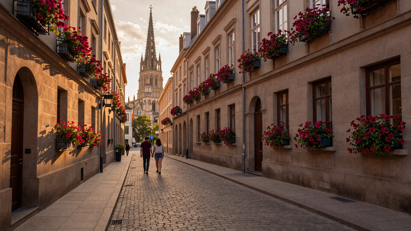 Romantic European boulevard at golden hour symbolizing international connections