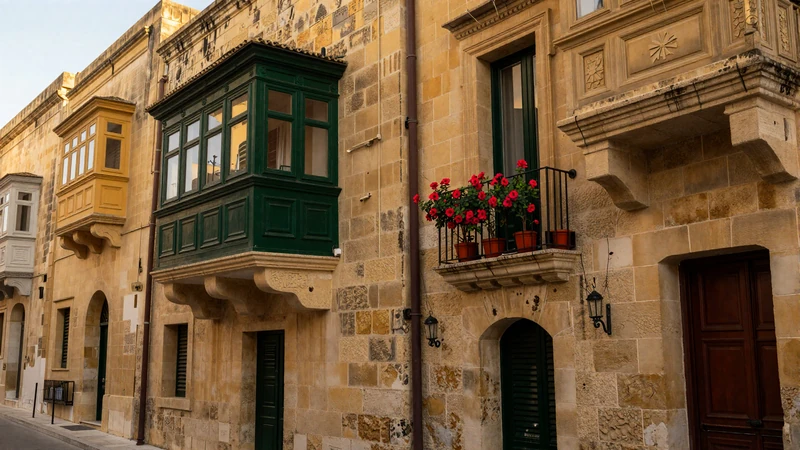 Charming Valletta limestone street with traditional colorful Maltese enclosed balconies and honey-colored walls