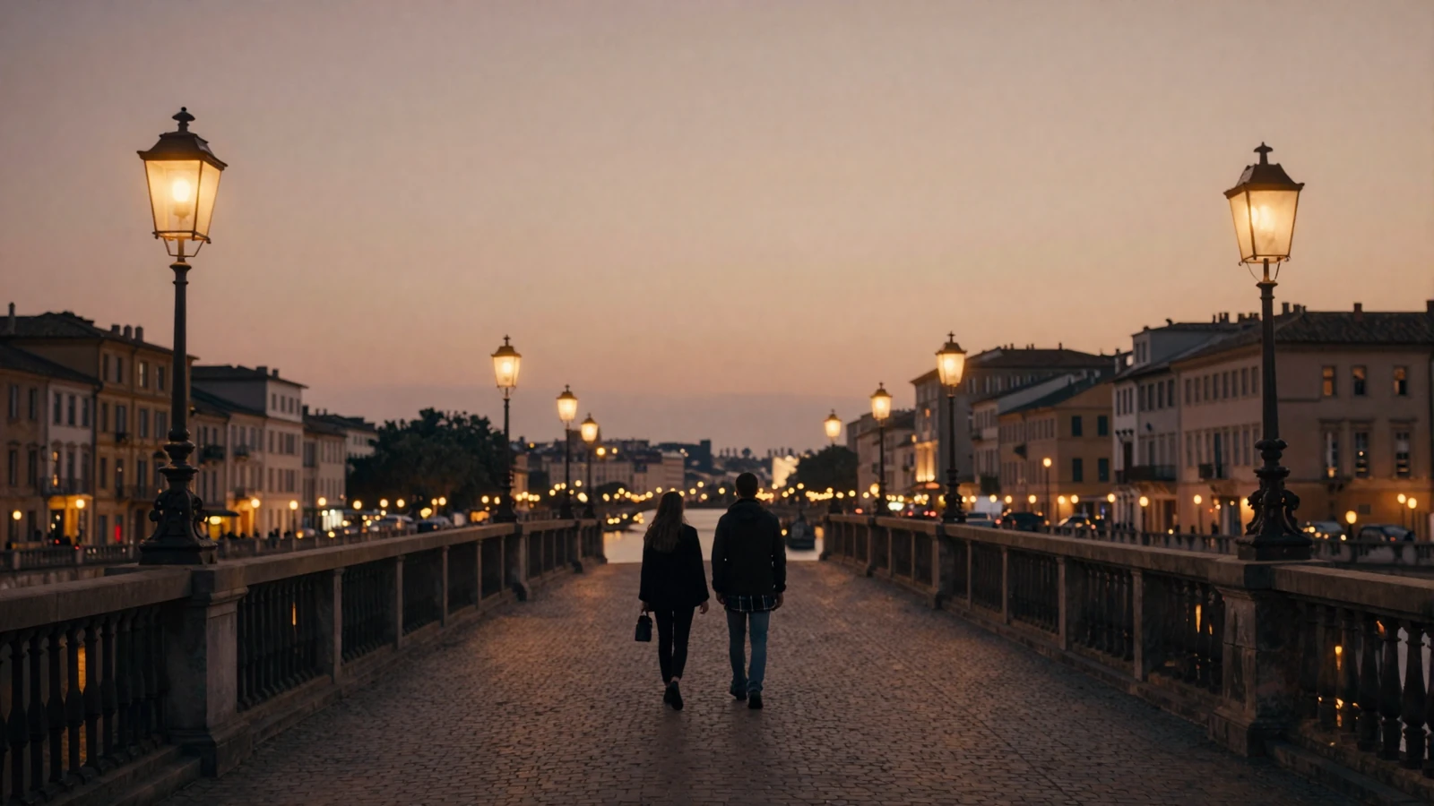 Romantic European evening cityscape with warm golden lights reflecting on water