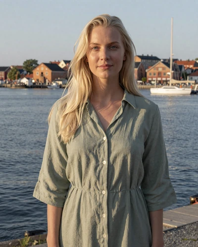 Swedish woman Tilda at Helsingborg waterfront with Danish coast across the Sound