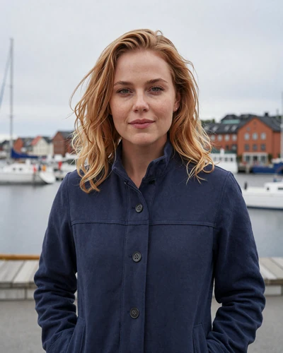 Swedish woman Saga near Gothenburg harbor with west coast boats behind