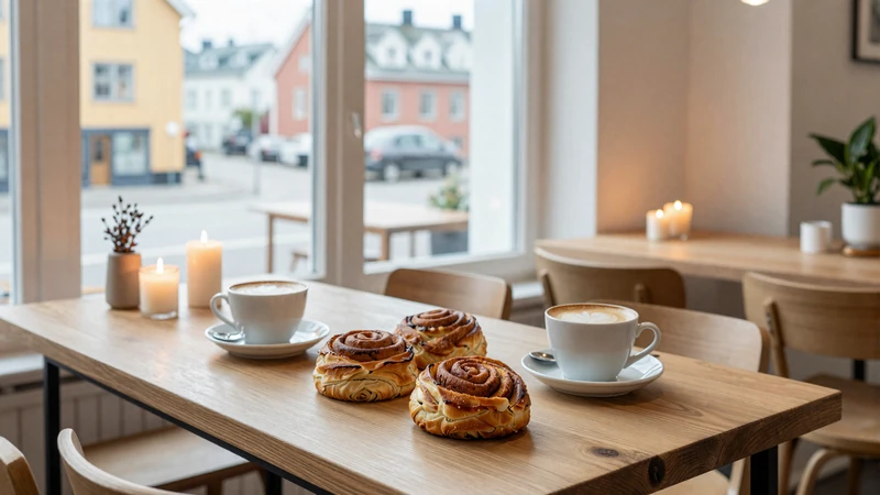 Swedish fika scene with cinnamon buns and cappuccinos at a cozy Nordic cafe in Stockholm