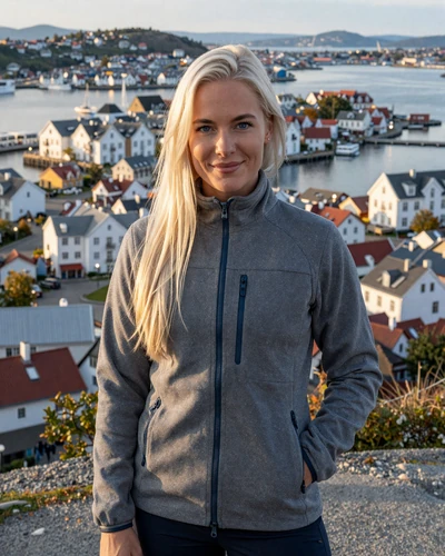 Norwegian woman Hilde at a scenic overlook in Stavanger Norway with harbor behind