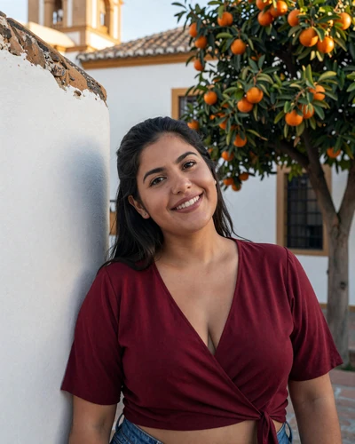 Spanish woman Elena beside orange trees and whitewashed walls in Seville Triana neighborhood