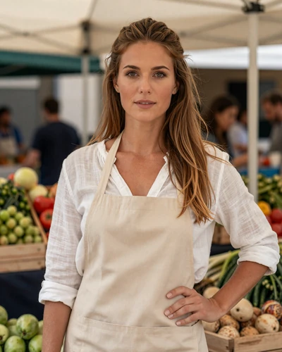 French woman Manon at a Lyon farmers market with fresh produce