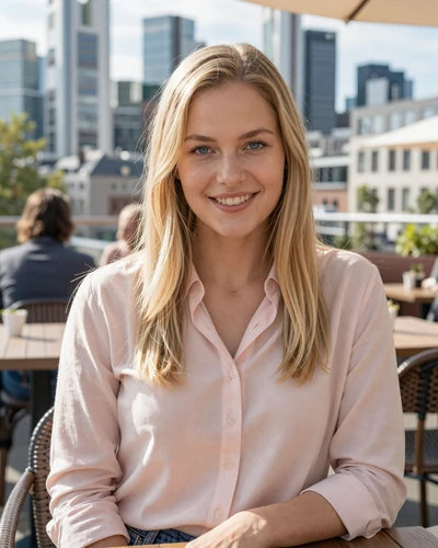 German woman Julia at an outdoor cafe terrace in Frankfurt