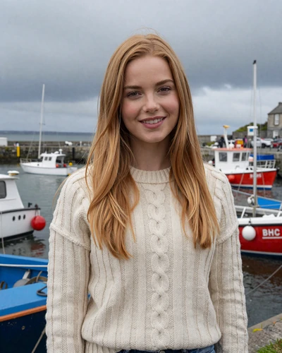 Irish woman Niamh on Galway quay with colorful boats on the Atlantic coast