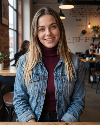 British woman Olivia at a cozy Manchester cafe with industrial decor
